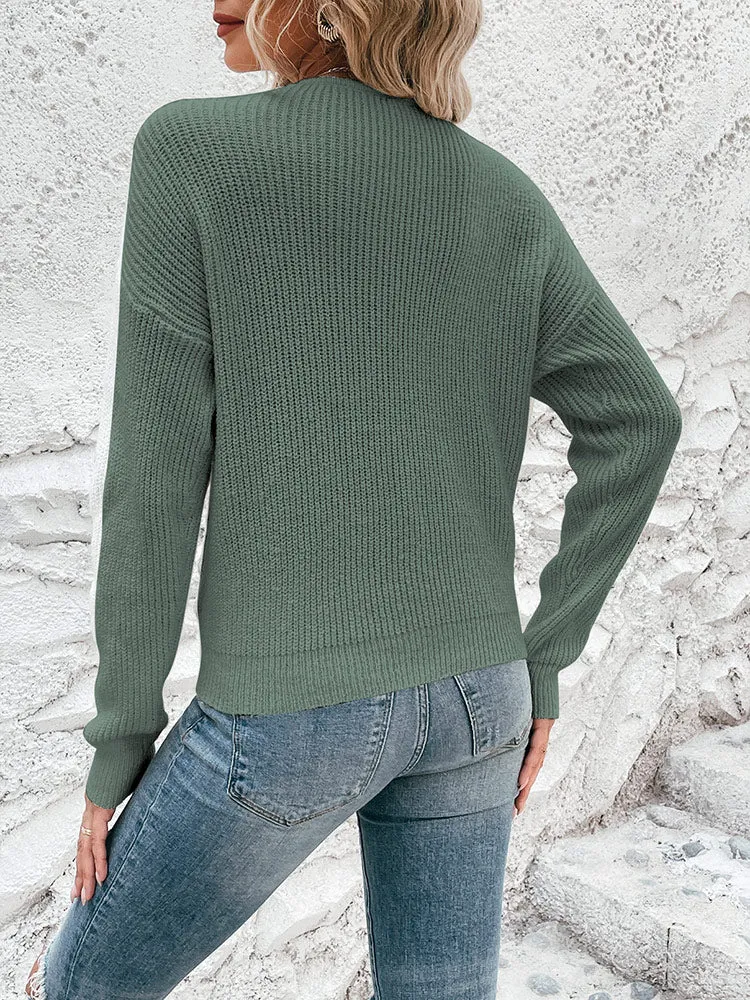 Women's Deep V Neck Long Sleeve Twsit Knot Cropped Knit Pullover Sweater