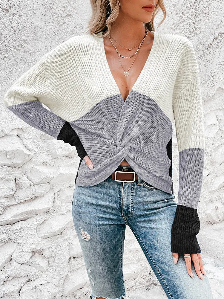 Women's Deep V Neck Long Sleeve Twsit Knot Cropped Knit Pullover Sweater