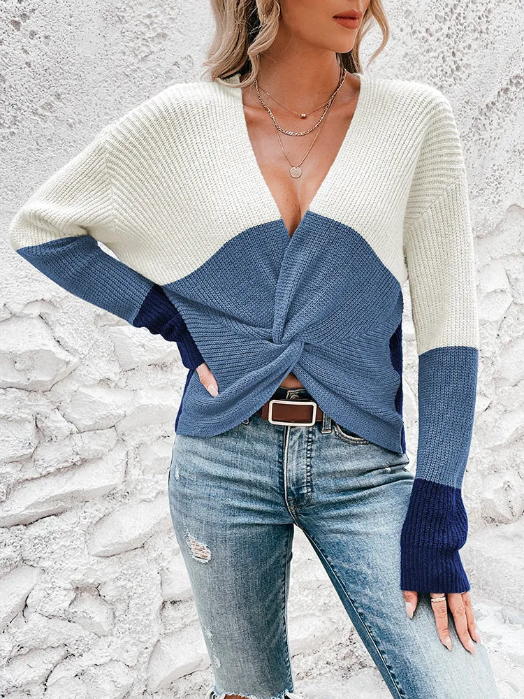 Women's Deep V Neck Long Sleeve Twsit Knot Cropped Knit Pullover Sweater