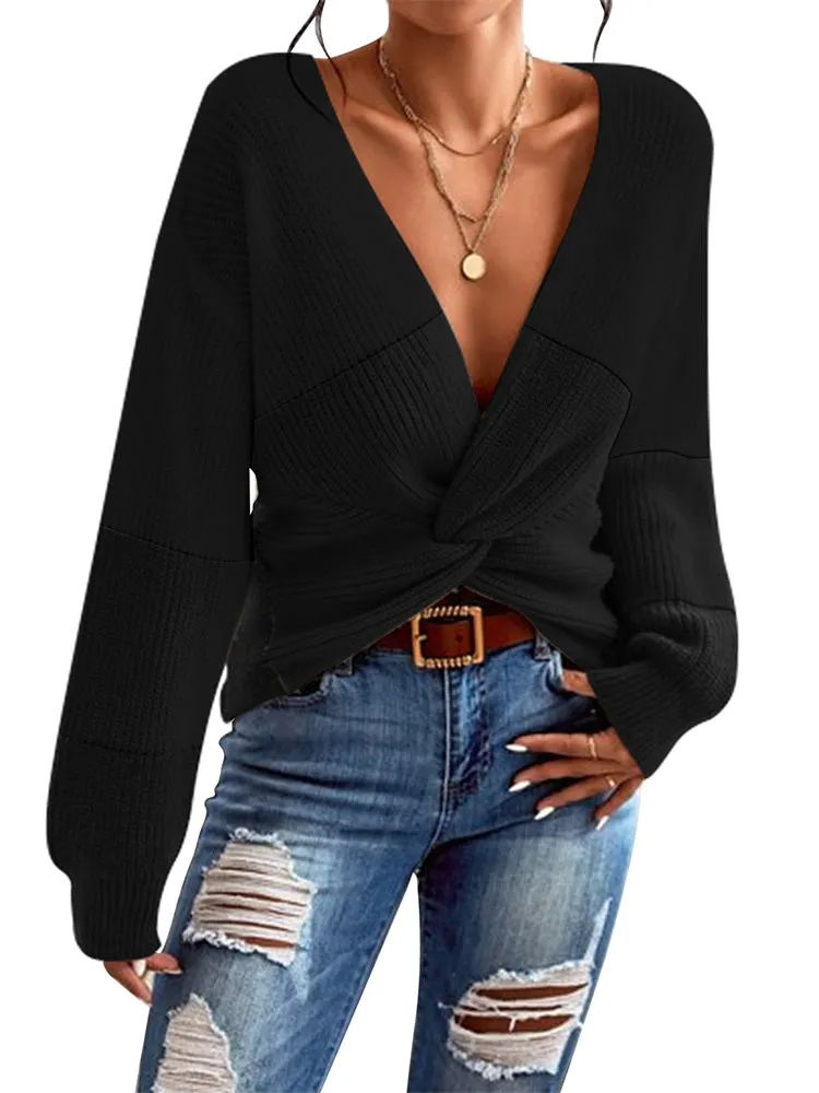 Women's Deep V Neck Long Sleeve Twsit Knot Cropped Knit Pullover Sweater