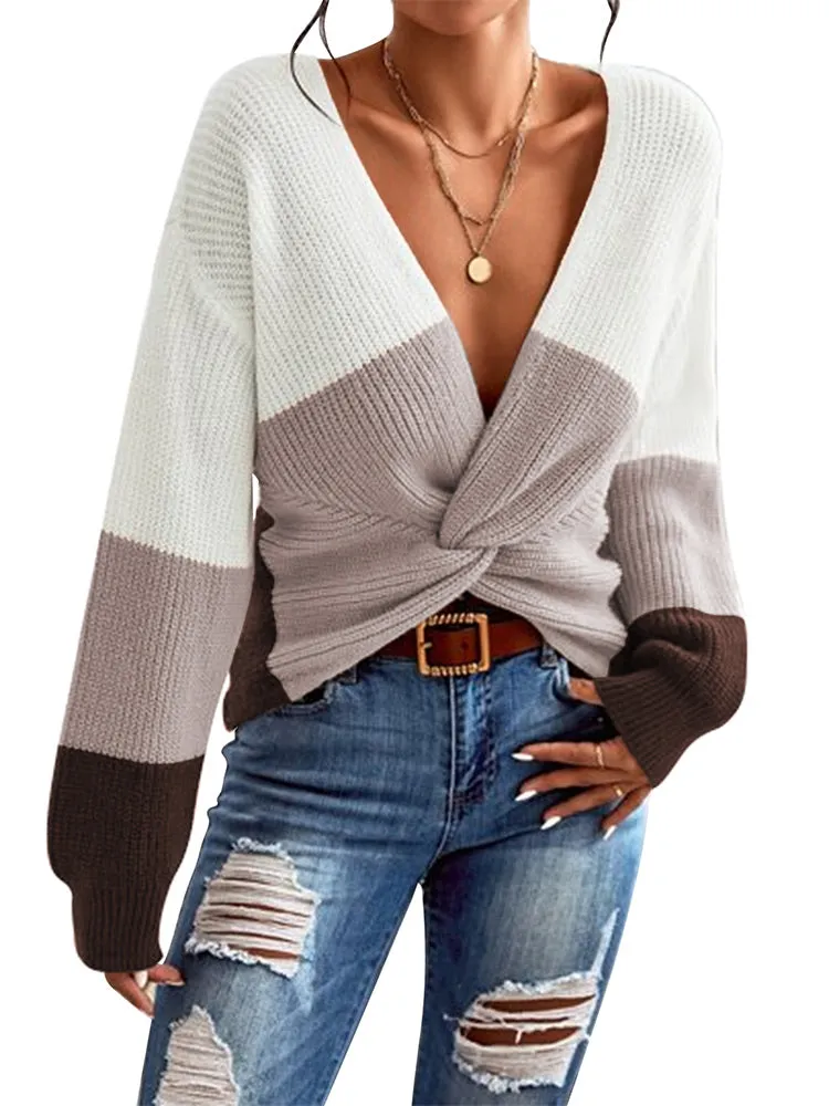 Women's Deep V Neck Long Sleeve Twsit Knot Cropped Knit Pullover Sweater