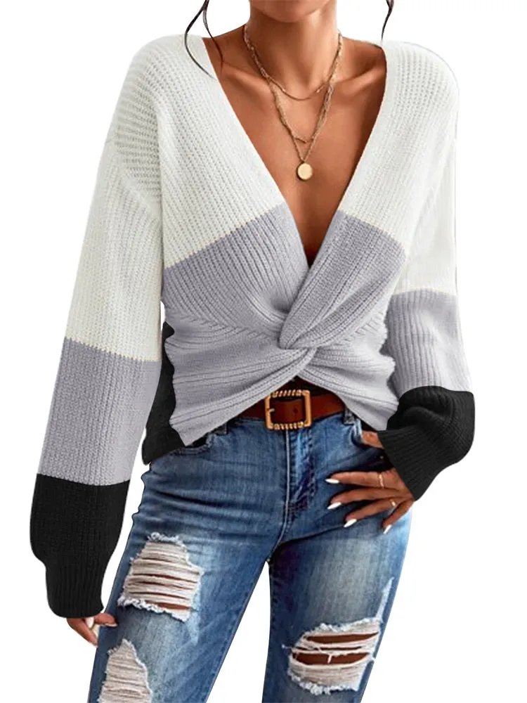 Women's Deep V Neck Long Sleeve Twsit Knot Cropped Knit Pullover Sweater