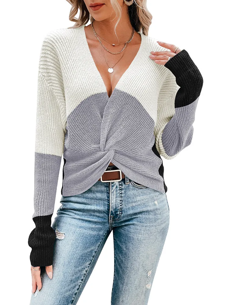 Women's Deep V Neck Long Sleeve Twsit Knot Cropped Knit Pullover Sweater