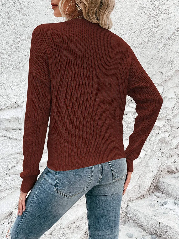 Women's Deep V Neck Long Sleeve Twsit Knot Cropped Knit Pullover Sweater