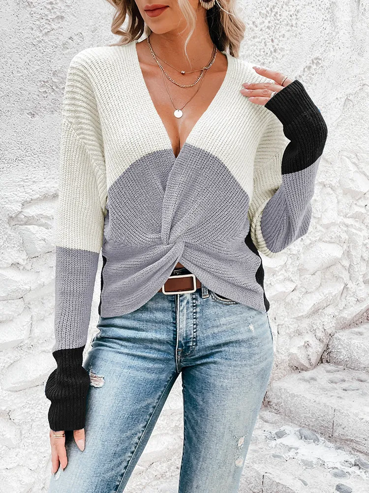 Women's Deep V Neck Long Sleeve Twsit Knot Cropped Knit Pullover Sweater