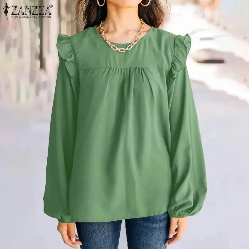 ZANZEA Women Ruffles Trim Tunic Tops