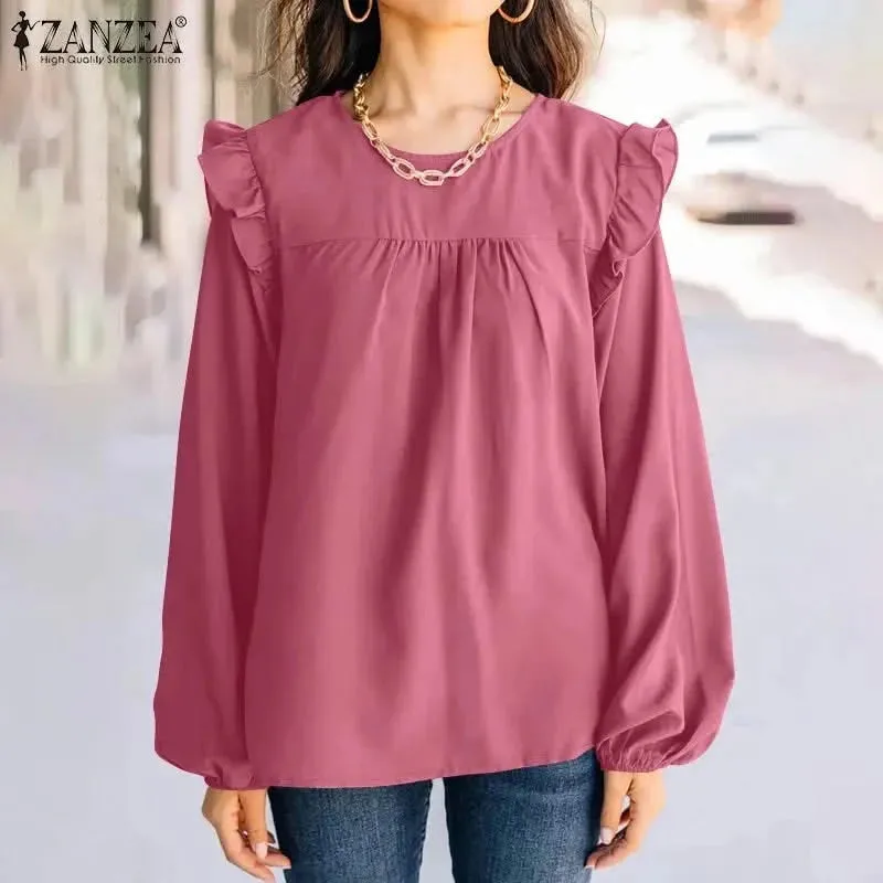 ZANZEA Women Ruffles Trim Tunic Tops