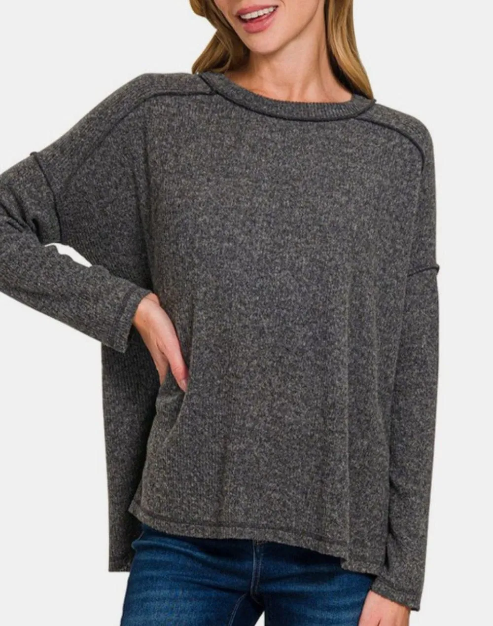 Zenana Black Women Sweater Exposed Seam Brushed Round Neck High-Low