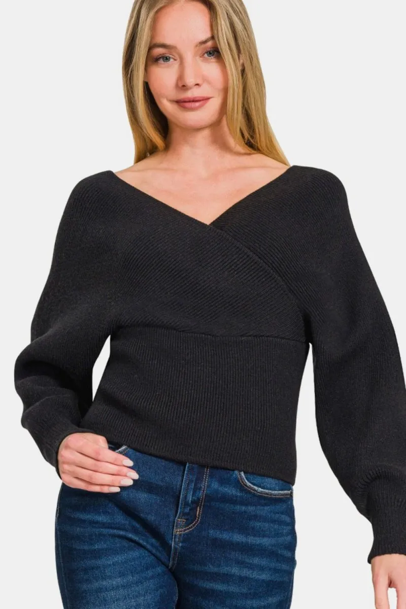 Zenana Cross Wrap Rib Long Sleeve Sweater